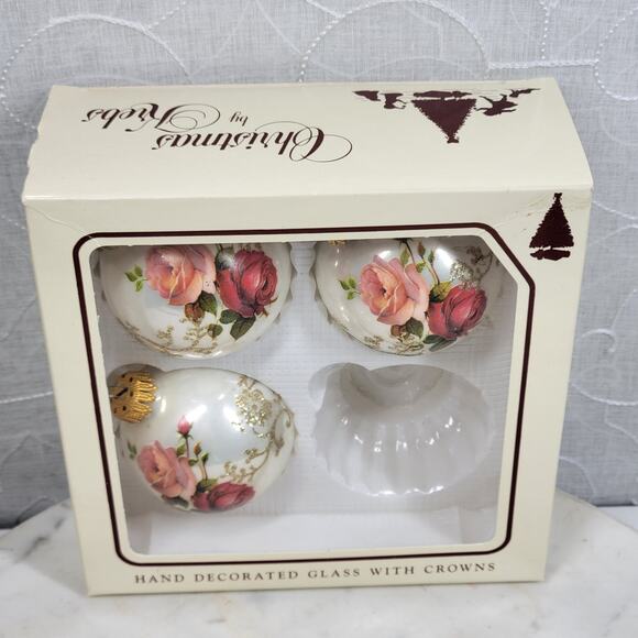 Vtg Christmas by Krebs Rose Ornaments Hand Decorated Glass Ball Crowned Set of 3 - Picture 10 of 16